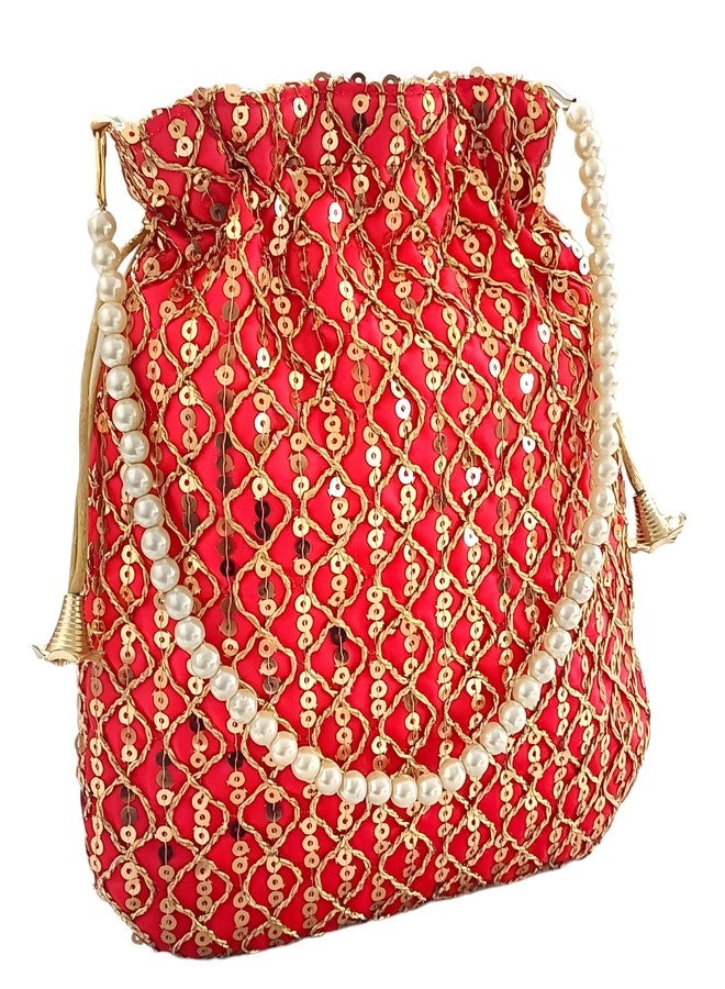 داتشيس حقيبة يد نسائية من دوقة، مزينة بالترتر الأحمر ومقبض من اللؤلؤ (عبوة من 10 قطع) - Image 3